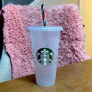 Starbucks reusable Christmas glitter cup with straw.